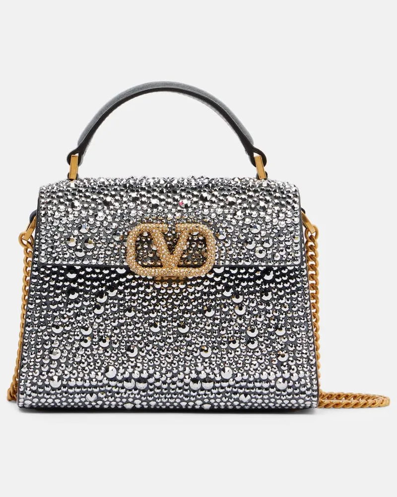 Valentino Garavani Tote Bag VSling Small aus Veloursleder mit Kristallen Silber