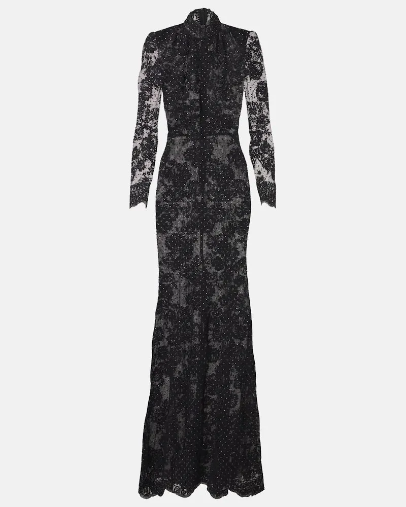 Self-Portrait Robe mit Spitze und Kristallen Schwarz