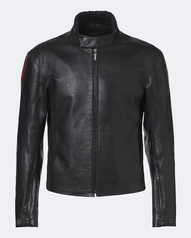 Gucci Bikerjacke Web Stripe aus Leder Schwarz