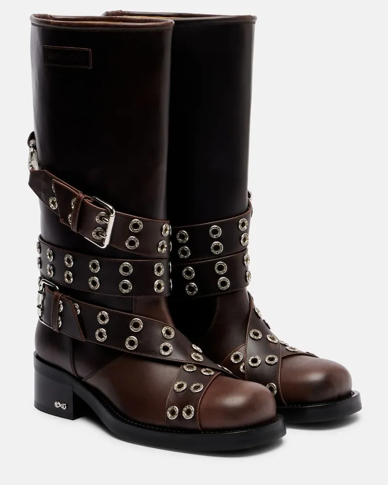 Mach & Mach Verzierte Bikerstiefel Buckle Belt aus Leder Braun