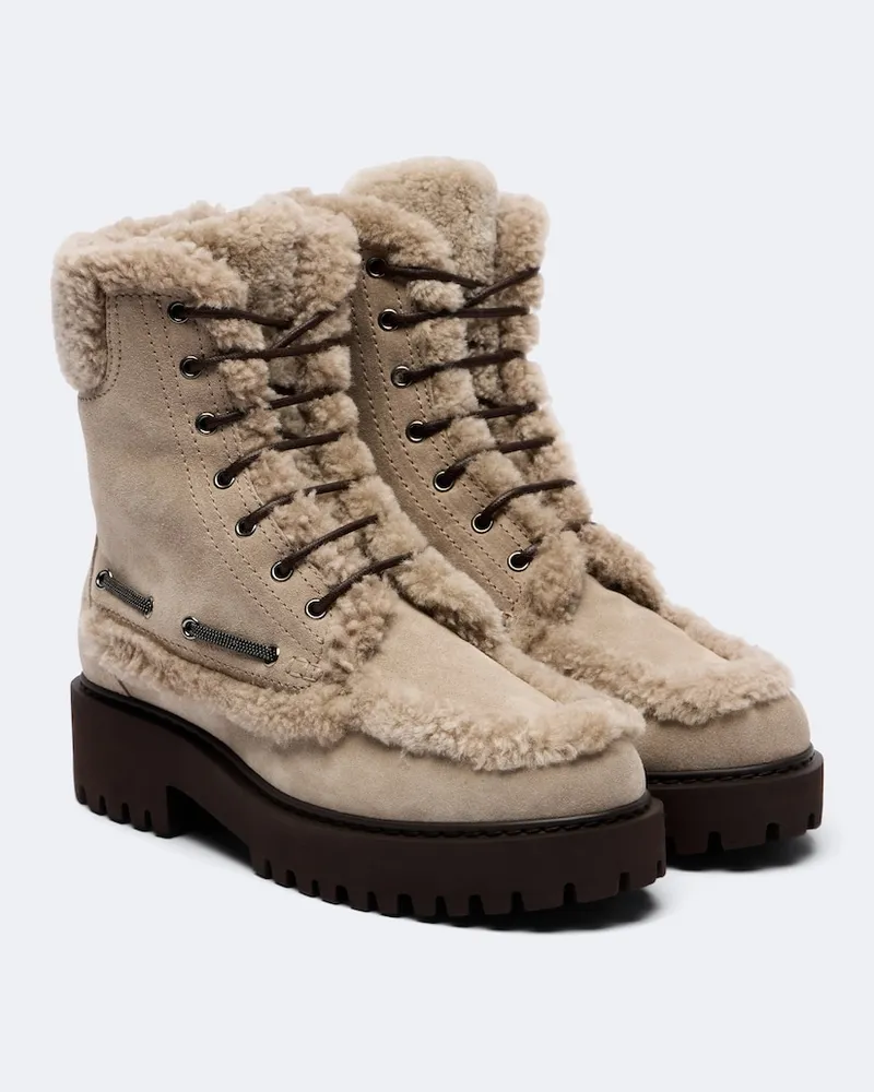 Brunello Cucinelli Schnürstiefel Monili aus Veloursleder mit Shearling Beige