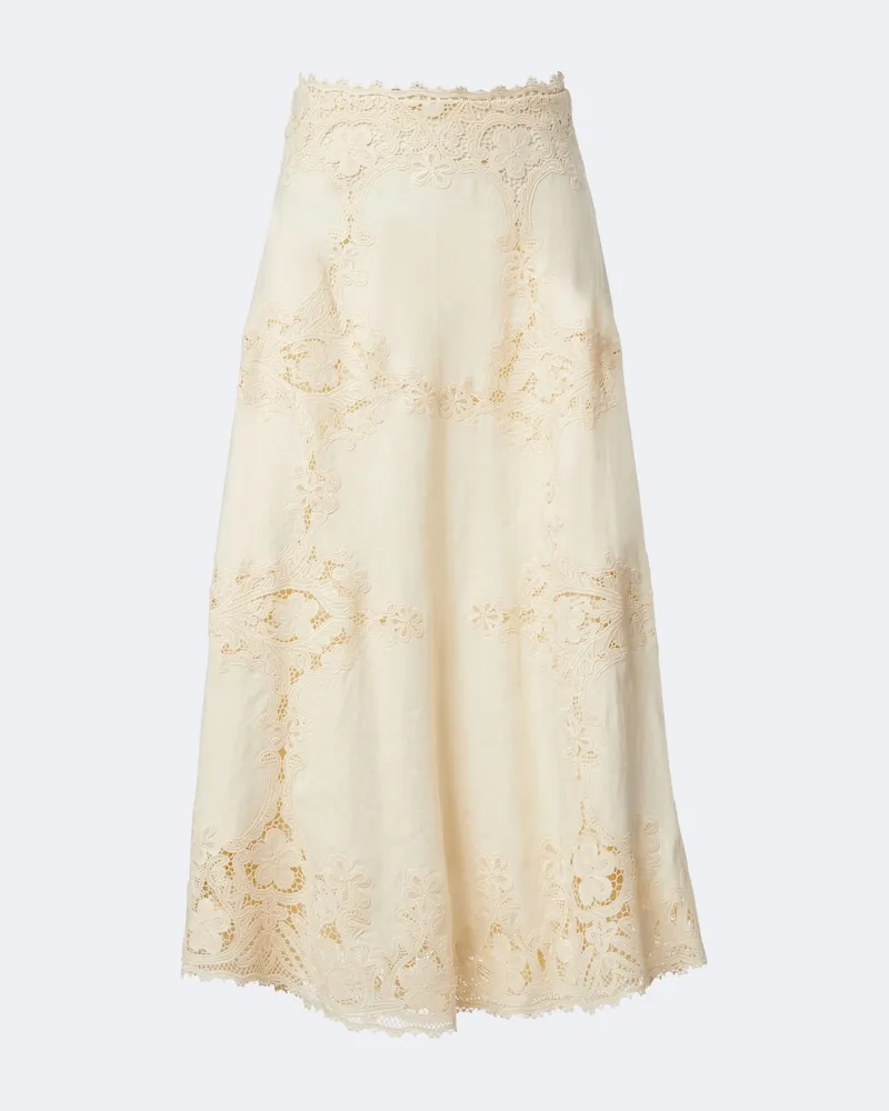 Ulla Johnson Midirock Fleur aus Leinen mit Häkelbesatz Weiß