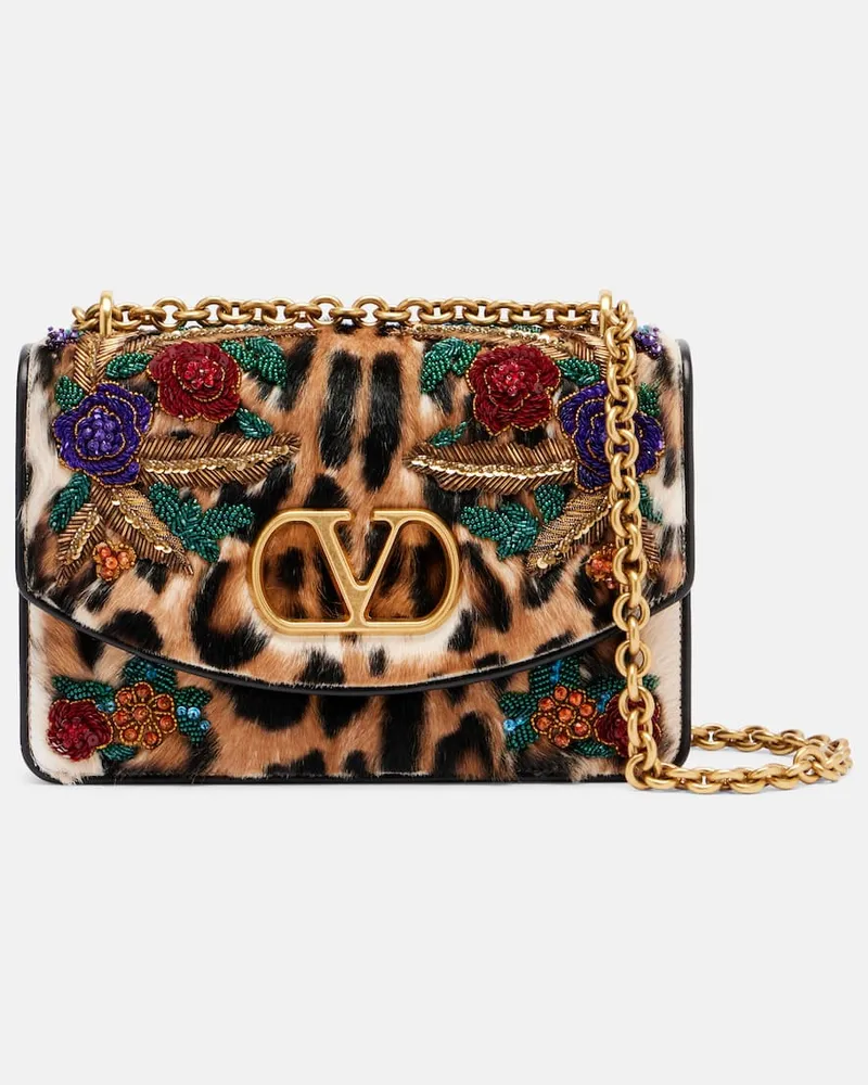 Valentino Garavani Verzierte Schultertasche Vain Small aus Kalbshaar Beige