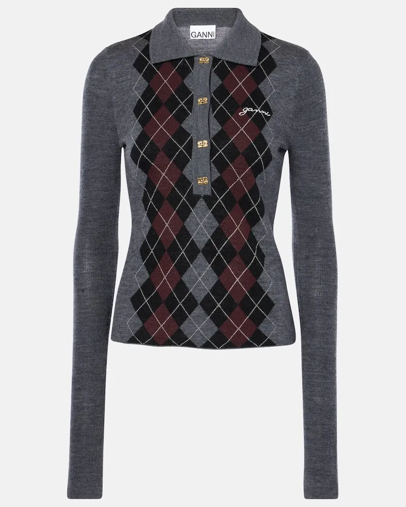 Ganni Polopullover aus Wolle Grau