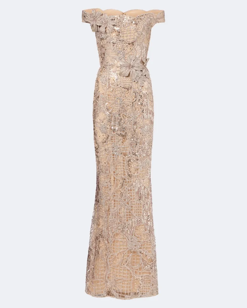 Elie Saab Verzierte Off-Shoulder-Robe aus Tüll Beige