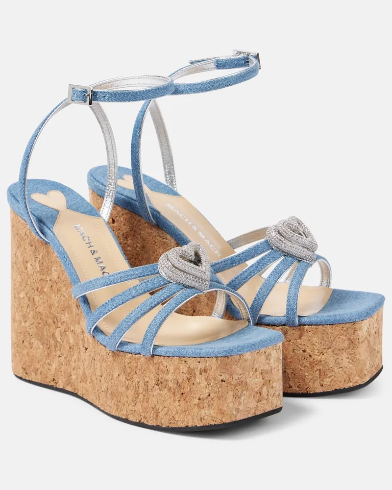 Mach & Mach Wedge-Sandalen Double Heart aus Denim Blau