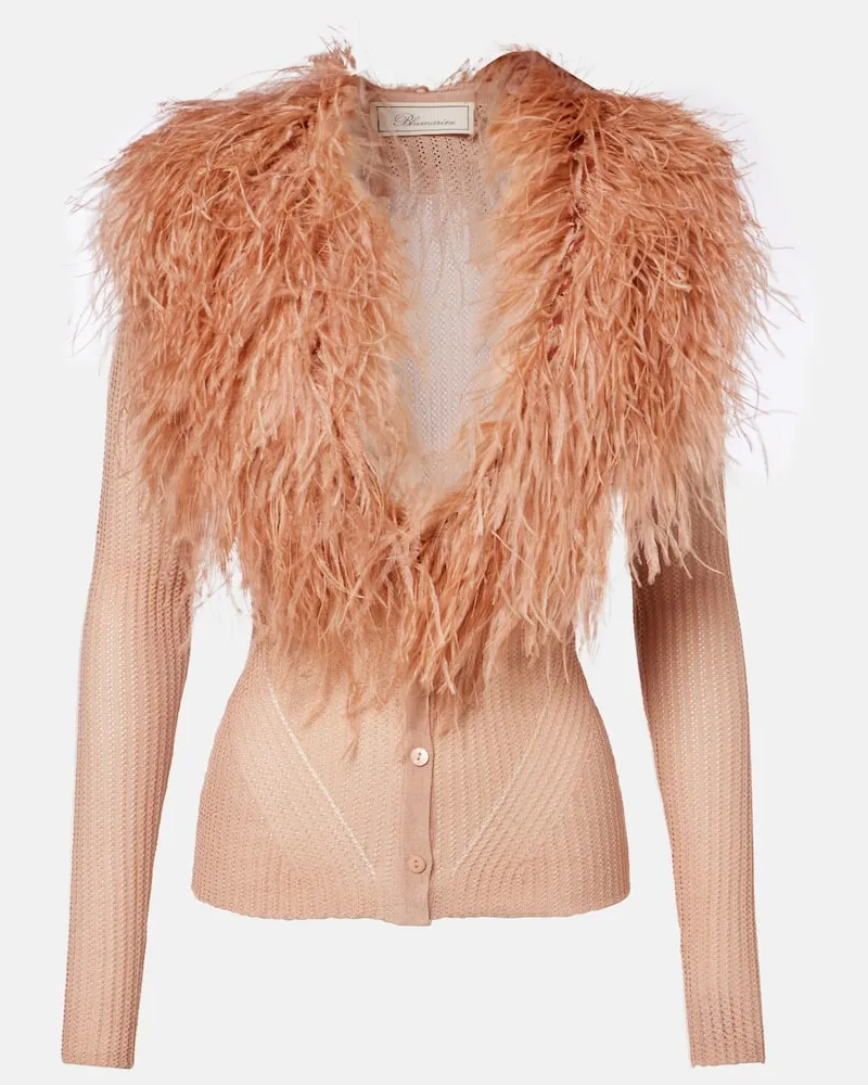 Blumarine Cardigan aus Rippstrick mit Federn Rosa