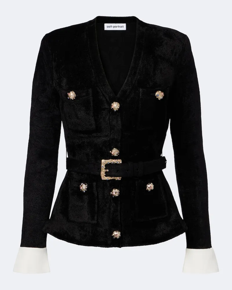 Self-Portrait Verzierte Jacke aus Chenille Schwarz
