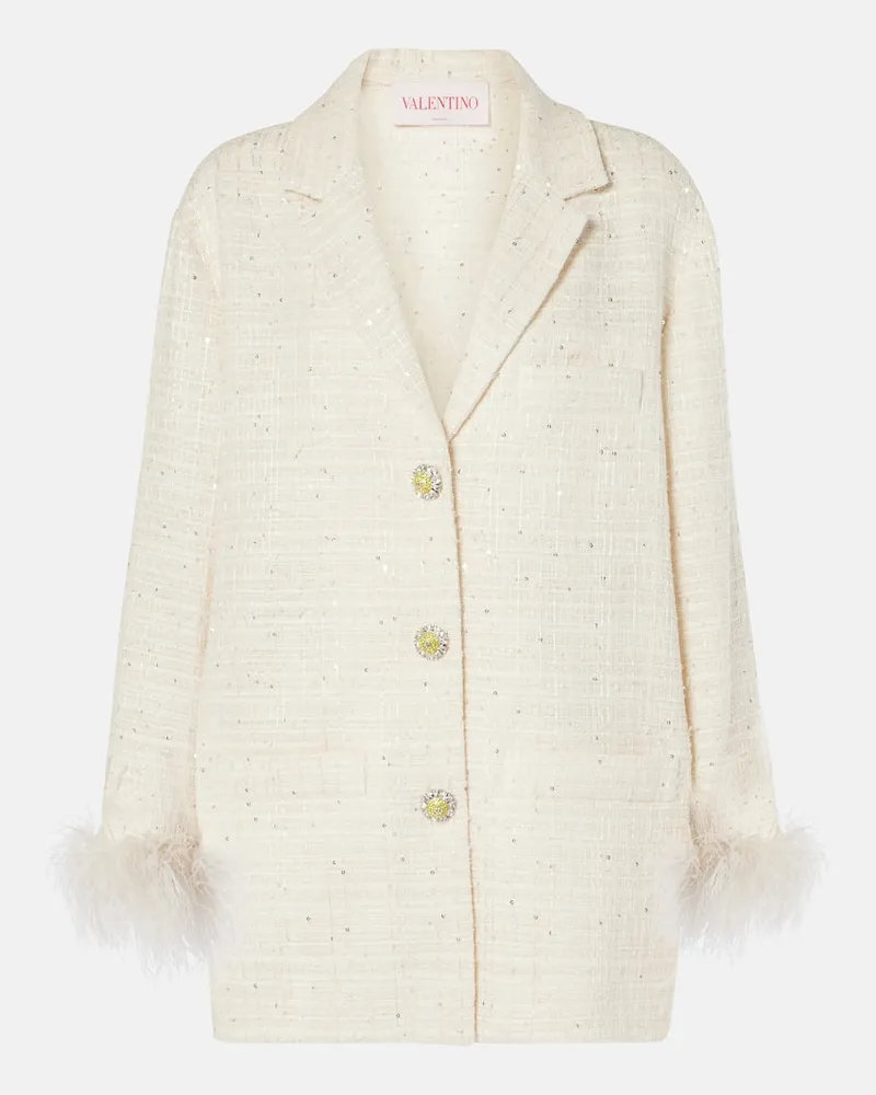 Valentino Garavani Jacke Mossi aus Tweed mit Federn Weiß
