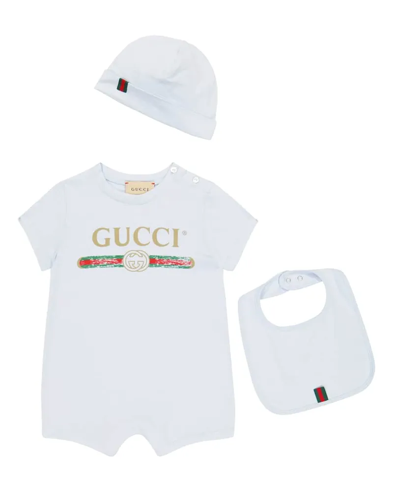 Gucci Baby Set aus Body, Mütze und Lätzchen Blau