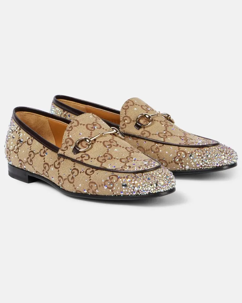 Gucci Loafers Jordaan GG aus Canvas mit Kristallen Beige