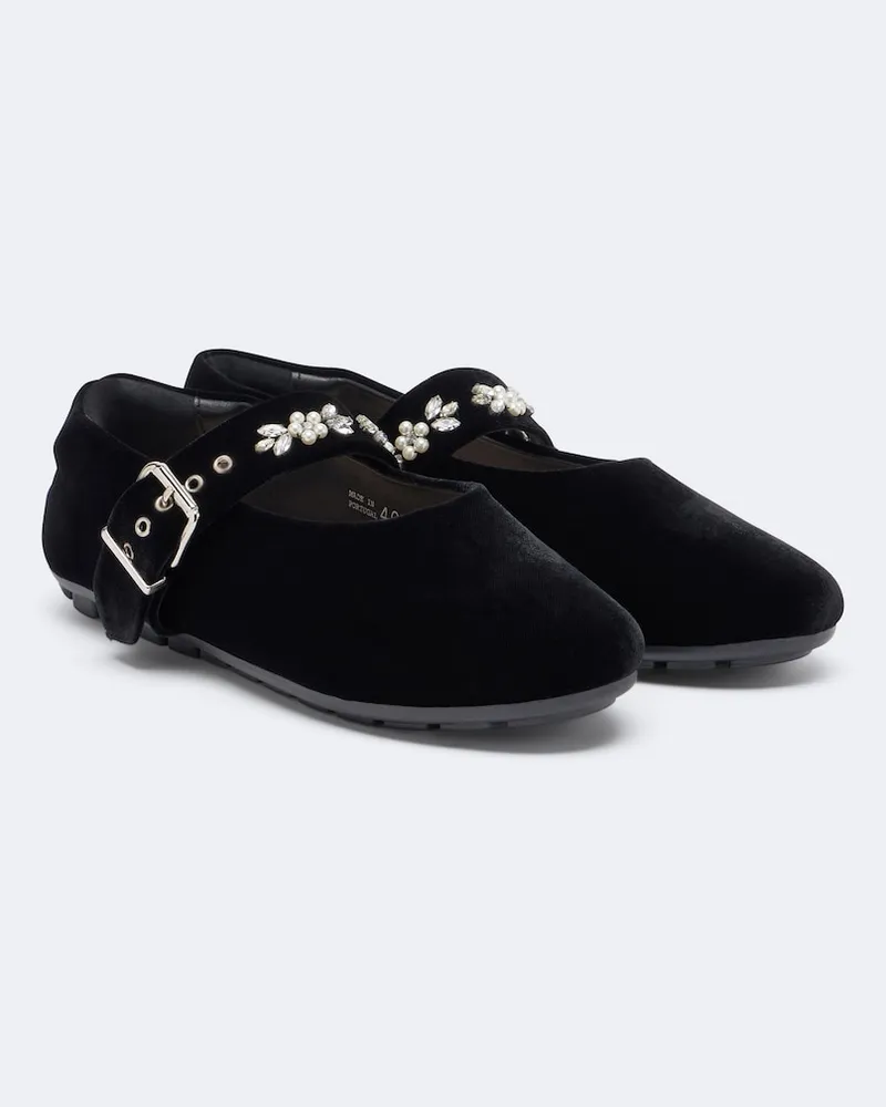 Simone Rocha Verzierte Mary Jane Flats aus Samt Schwarz