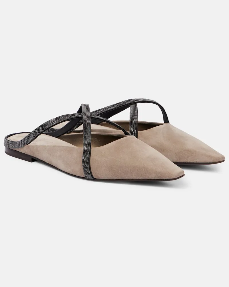 Brunello Cucinelli Slippers Monili aus Veloursleder Beige