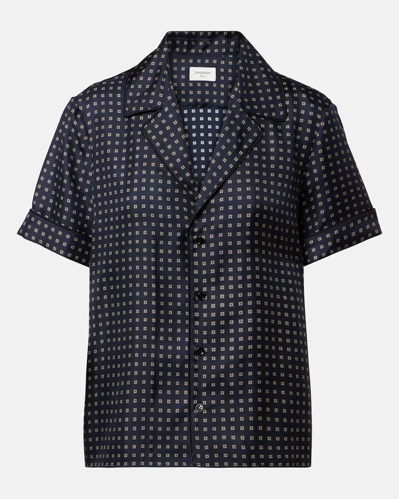 Saint Laurent Bedrucktes Pyjama-Hemd aus Seidensatin Blau