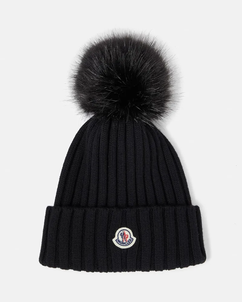 Moncler Muetze aus Wolle mit Faux Fur Schwarz