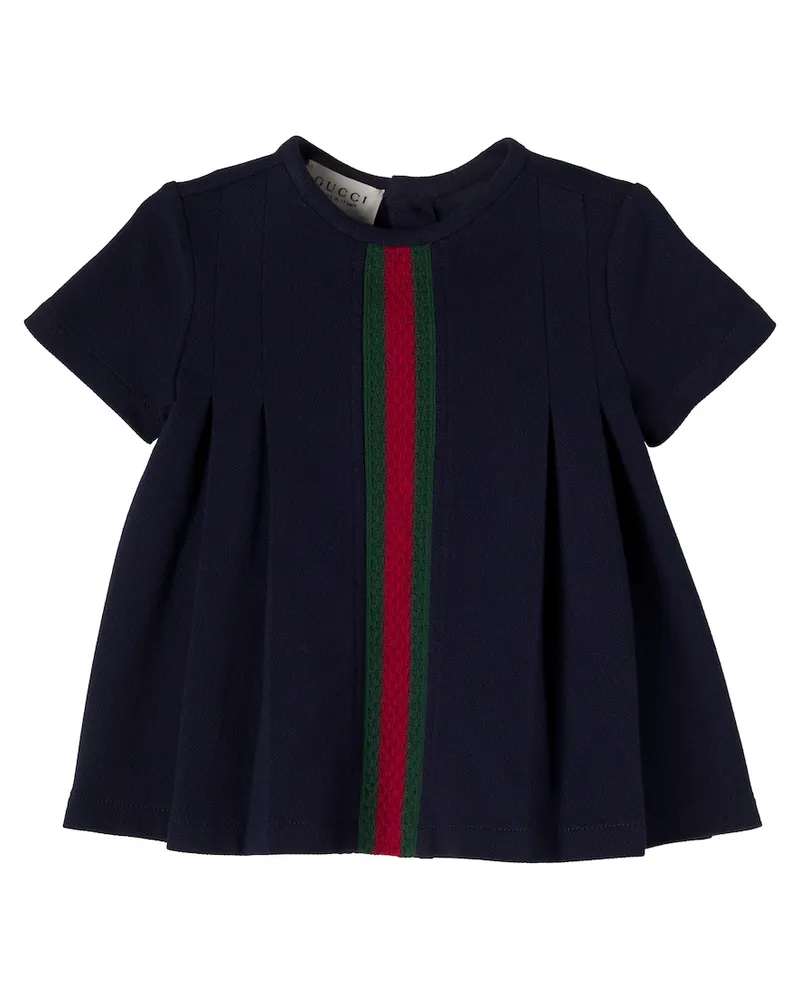 Gucci Baby Kleid Web Stripe aus Baumwoll-Piqué Blau
