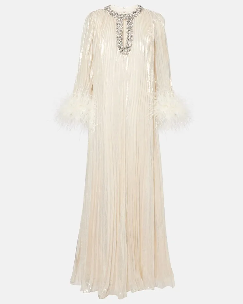 Self-Portrait Maxikleid mit Federn und Kristallen Gold