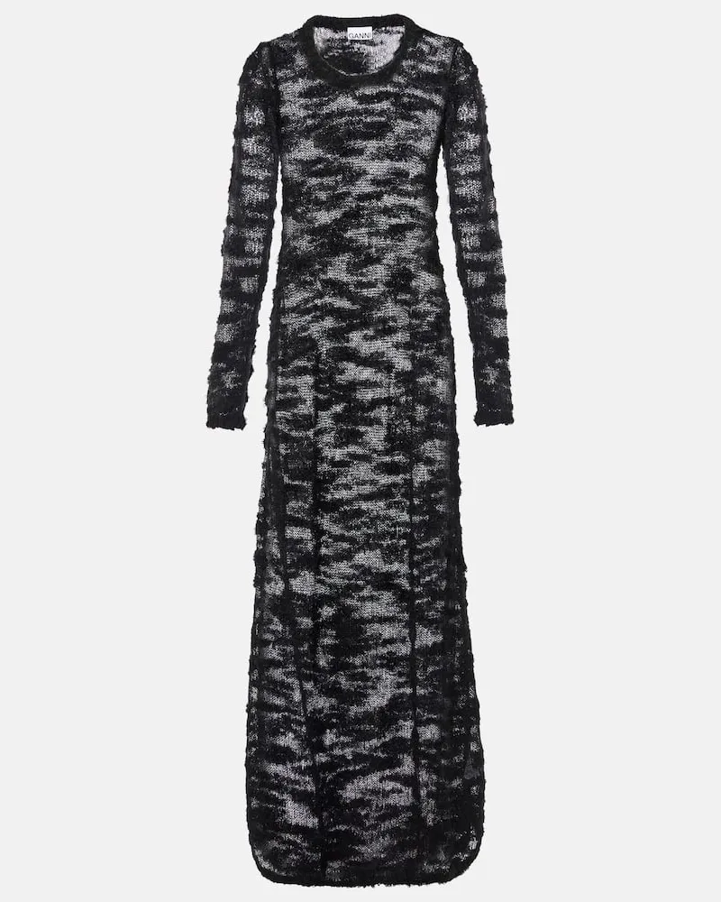 Ganni Maxikleid aus Bouclé Schwarz