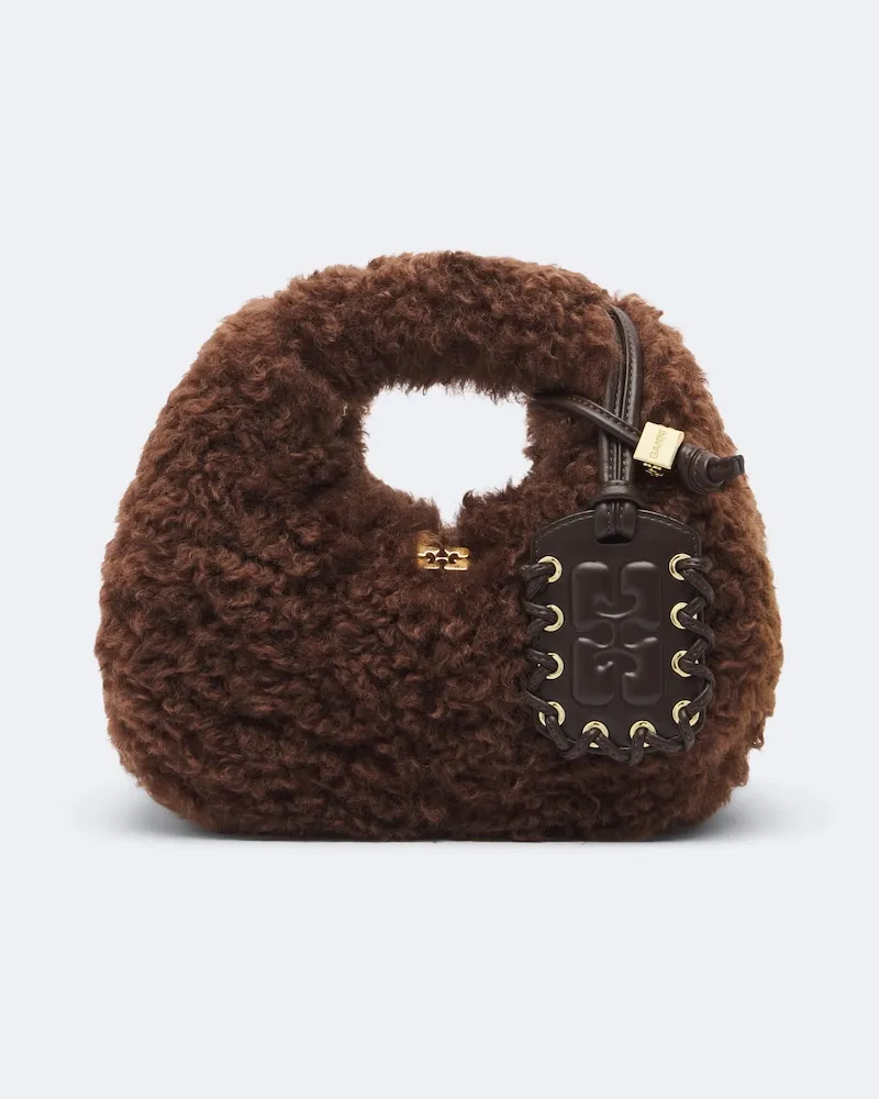 Ganni Henkeltasche Mini aus Teddyfleece Braun