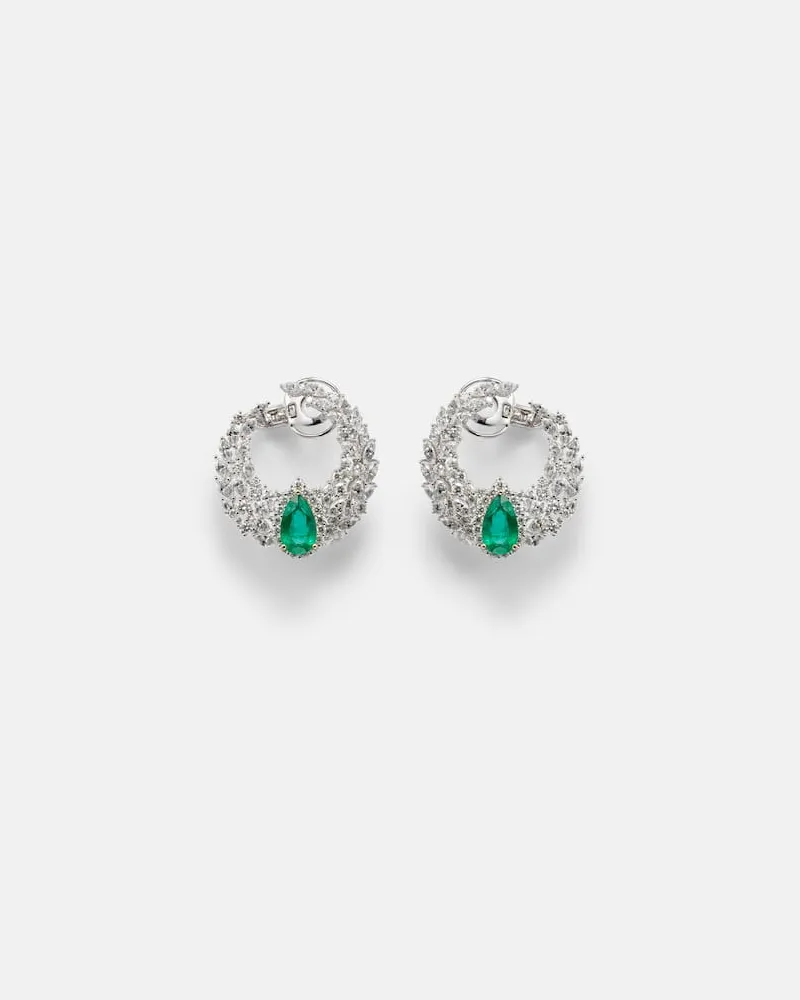 YEPREM Ohrringe Reign Supreme aus 18kt Weißgold mit Diamanten und Smaragden Silber