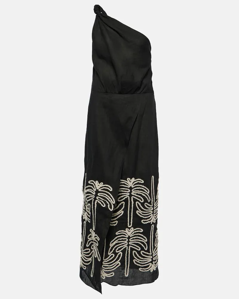Johanna Ortiz Besticktes Maxikleid aus Leinen und Baumwolle Schwarz