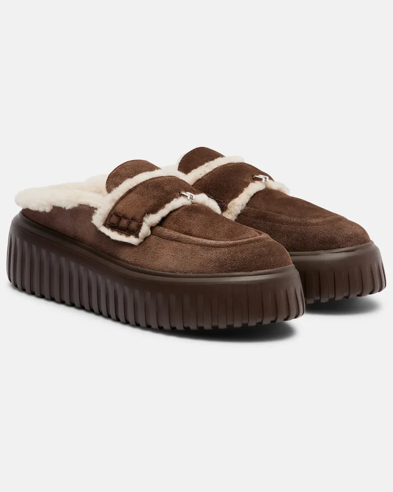 Hogan Slippers HStripes aus Veloursleder mit Shearling Braun