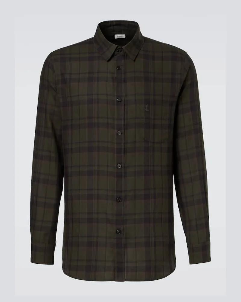 Saint Laurent Hemd Cassandre aus Baumwollflanell Grün