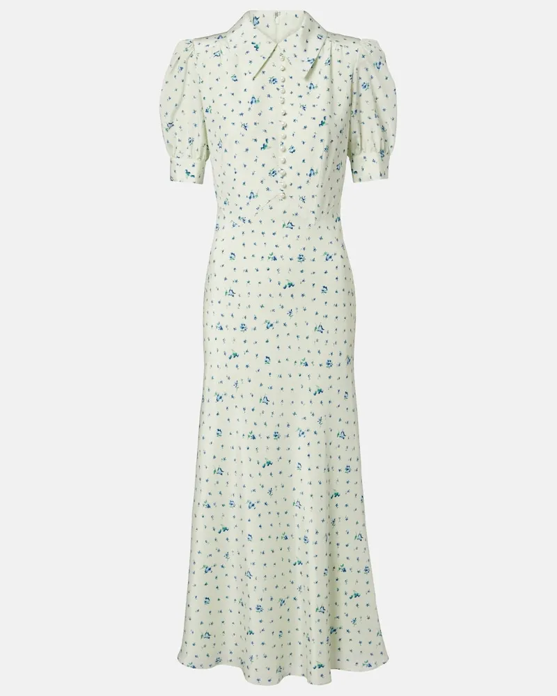Alessandra Rich Midikleid aus Seide mit floralem Motiv Grün