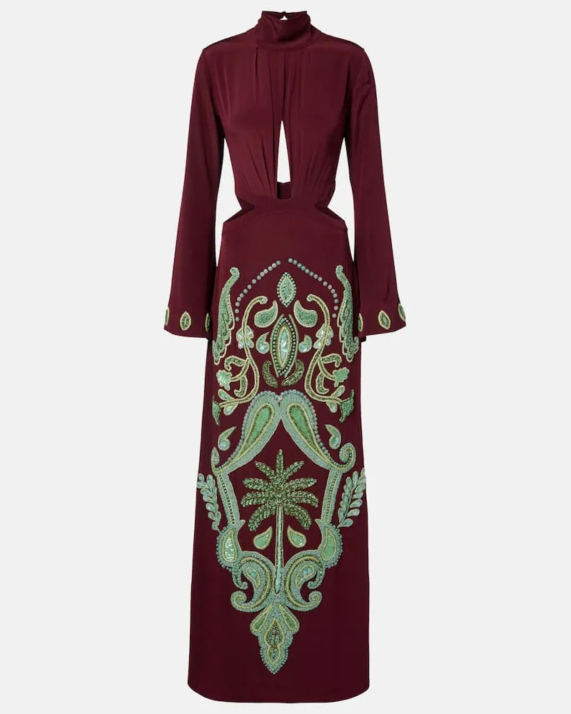 Johanna Ortiz Verzierte Robe Aurora Magica aus Seide Burgunderrot