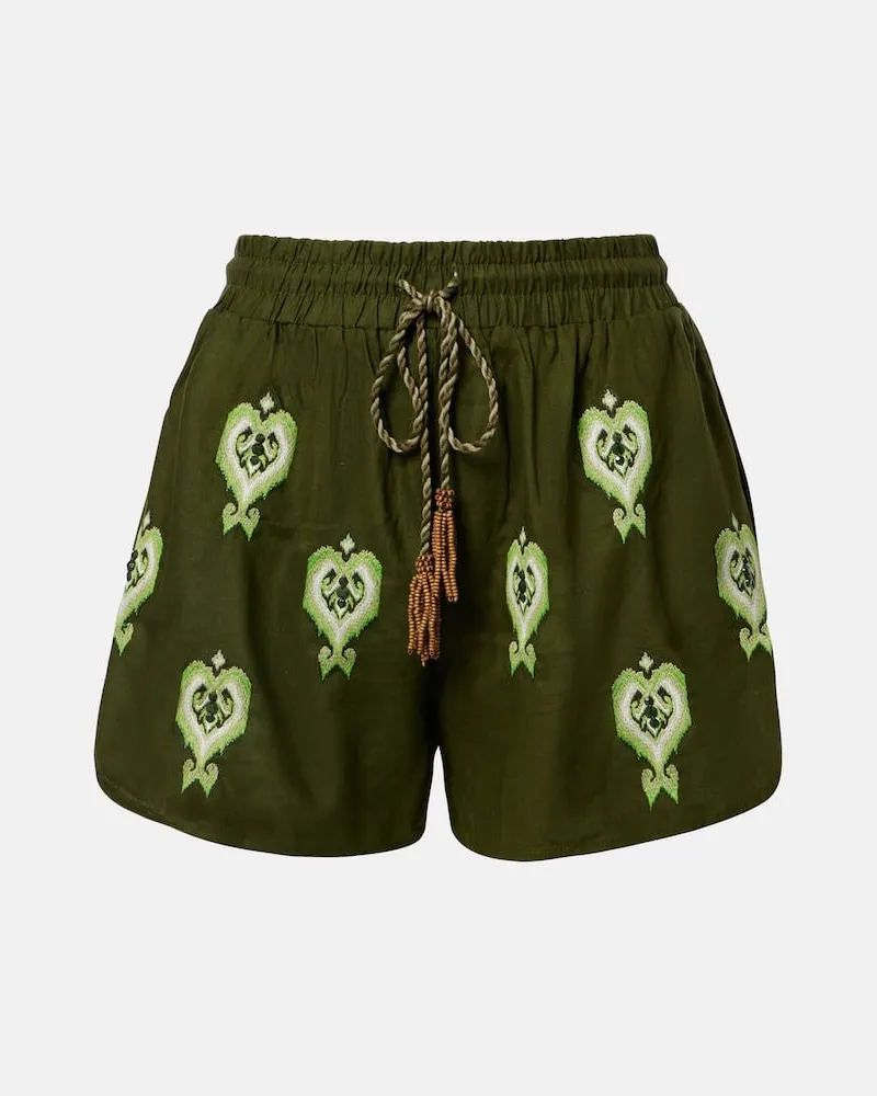 FARM Rio Bestickte Shorts aus einem Leinengemisch Grün
