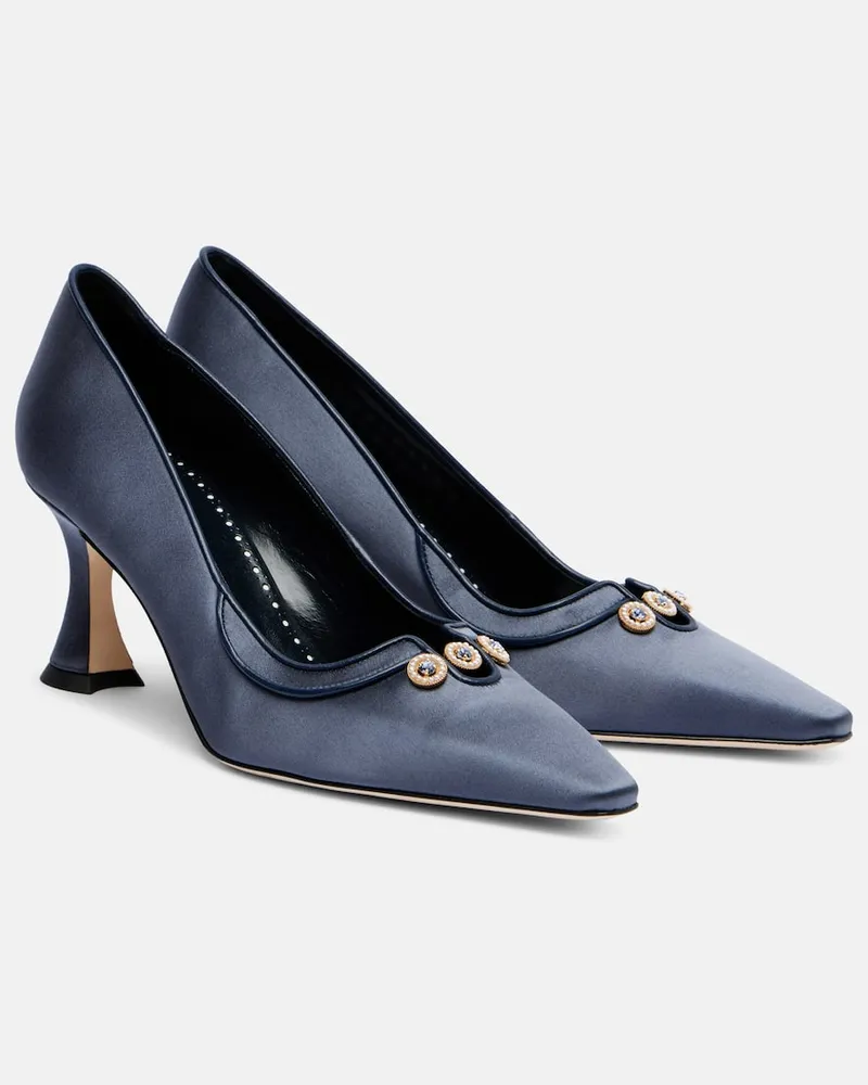 Manolo Blahnik Pumps Amala 70 aus Satin mit Kristallen Blau