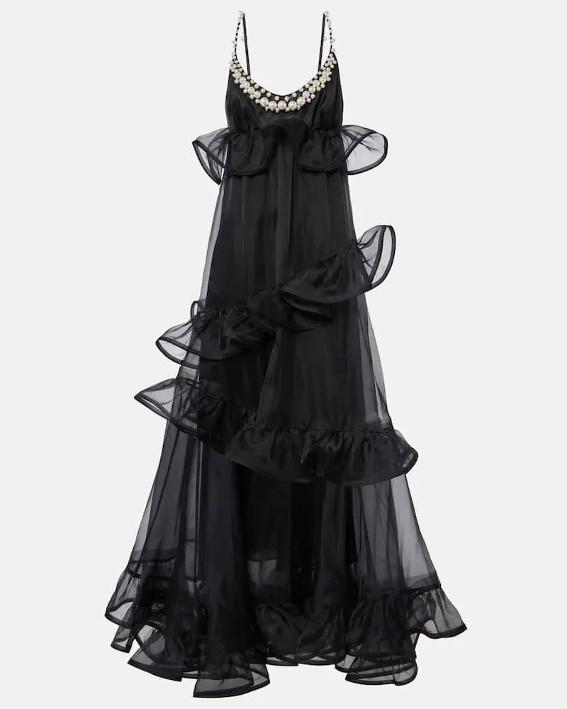 Zimmermann Verziertes Maxikleid Crush aus Seidenorganza Schwarz