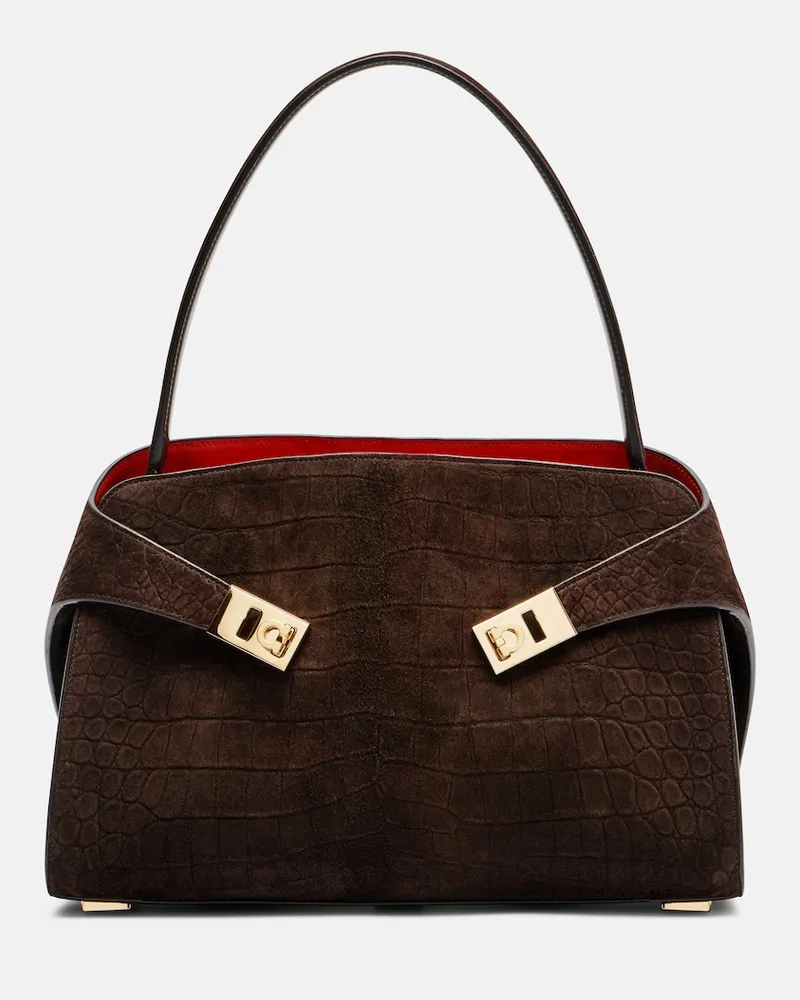 Ferragamo Schultertasche Hug Small aus Veloursleder Braun