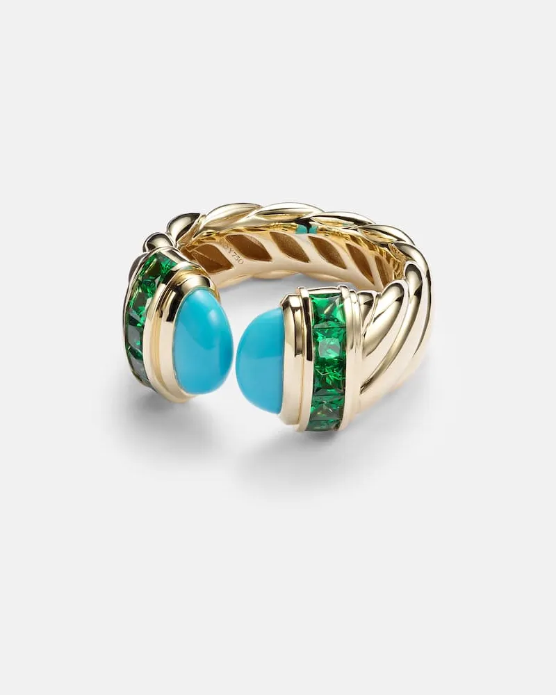 David Yurman Ring Sculpted Cable aus 18kt Gelbgold mit Smaragden und Türkis Gold
