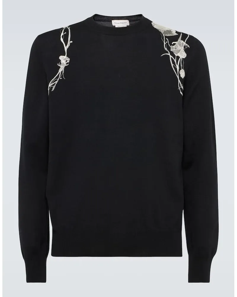 Alexander McQueen Bestickter Pullover aus Wolle Schwarz