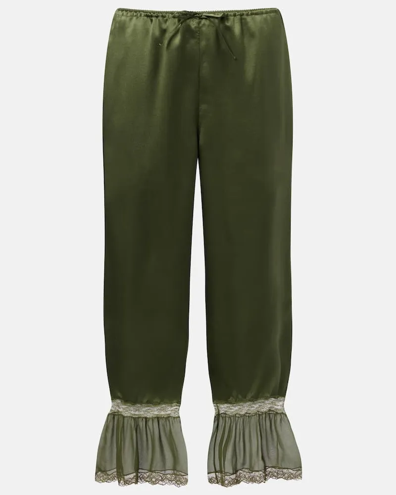Saint Laurent Gerade Hose aus Seidensatin mit Spitze Grün