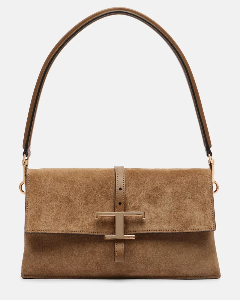 TOD'S Schultertasche T Timeless Small aus Veloursleder Beige