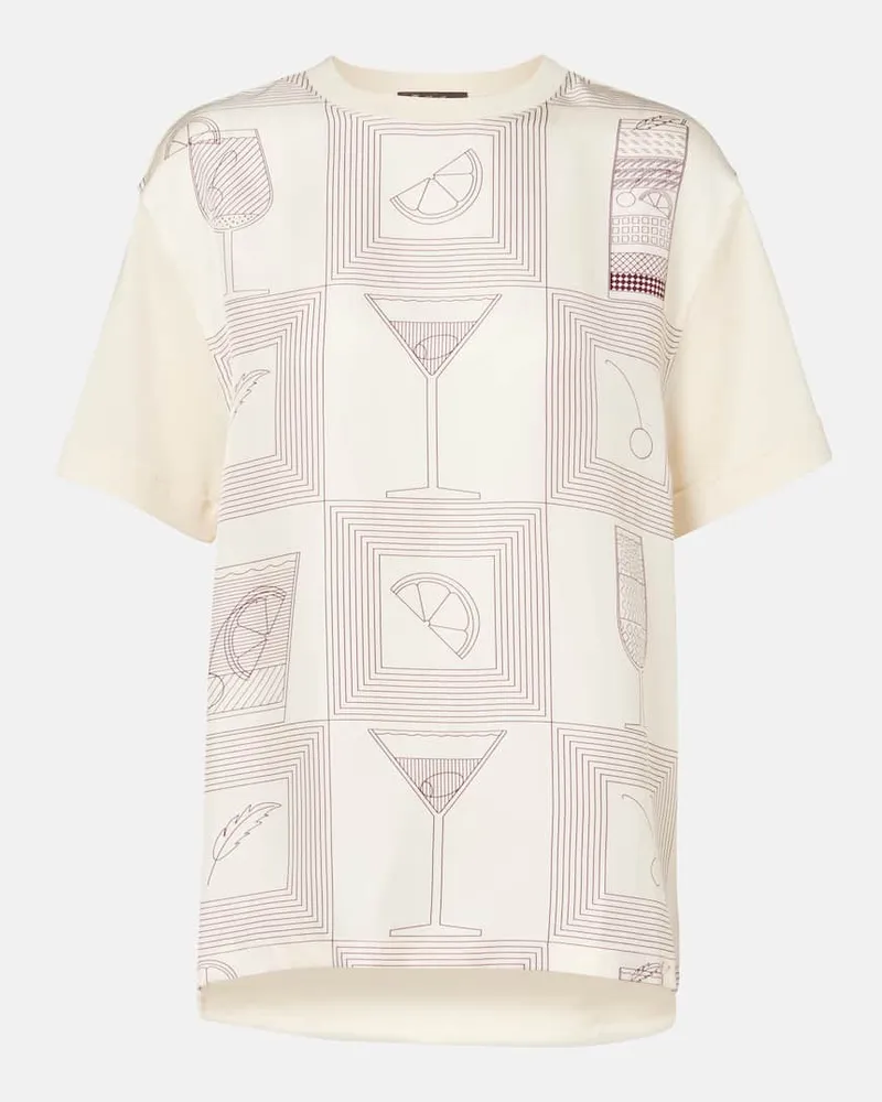 Loro Piana Bedrucktes T-Shirt Mazzorbo aus Seiden-Jersey Beige