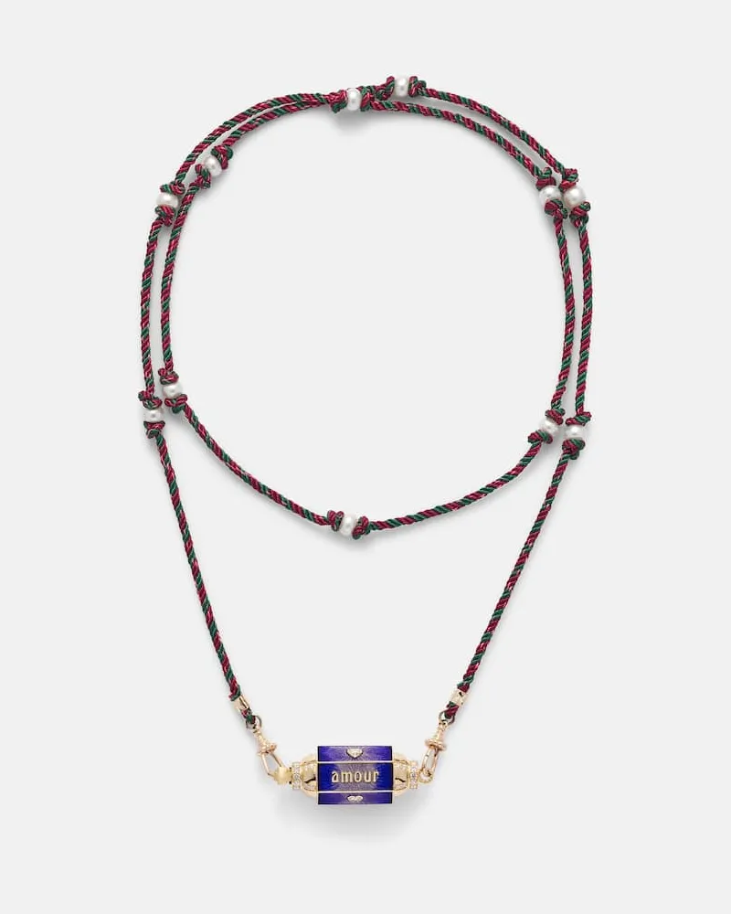 Marie Lichtenberg Halskette Amour Toujours mit 18kt Gelbgold, Emaille, Diamanten und Süßwasserperlen Gold