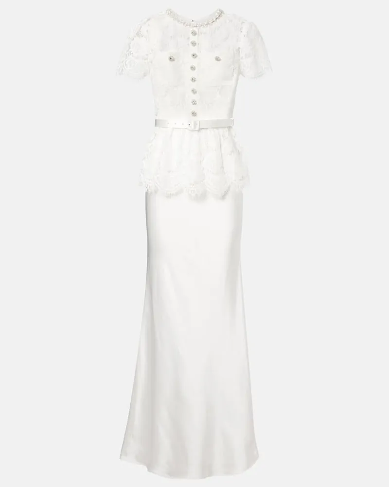 Self-Portrait Bridal Verzierte Robe aus Satin mit Spitze Weiß