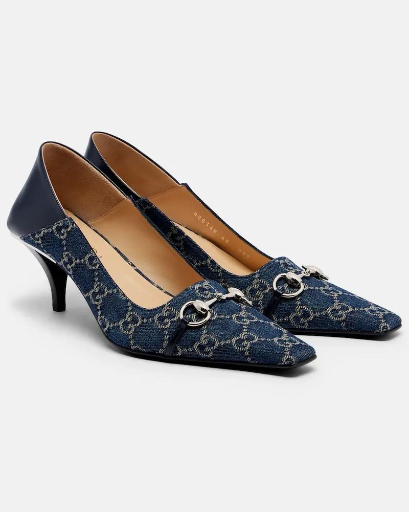 Gucci Pumps Vittoria Horsebit aus Denim mit Leder Blau