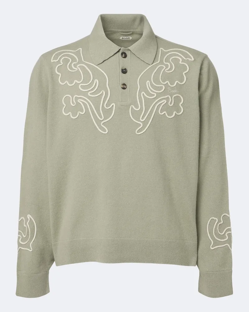 BODE Bestickter Polopullover Blaze aus Wolle Grün