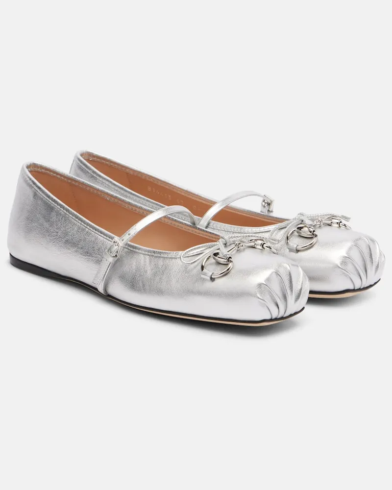 Gucci Ballerinas Gucci Horsebit aus Metallic-Leder Silber