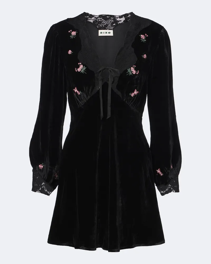 RIXO Minikleid Carolina aus Samt mit Spitze Schwarz