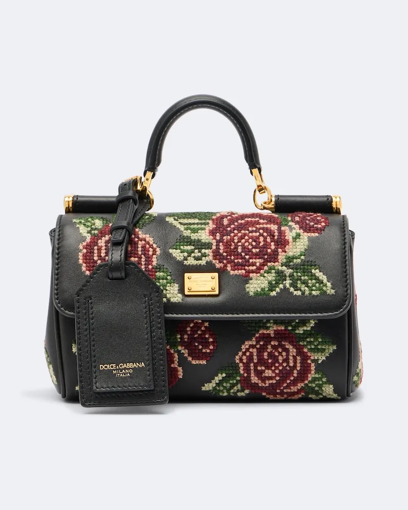 Dolce & Gabbana Bestickte Henkeltasche My Sicily Mini aus Leder Schwarz