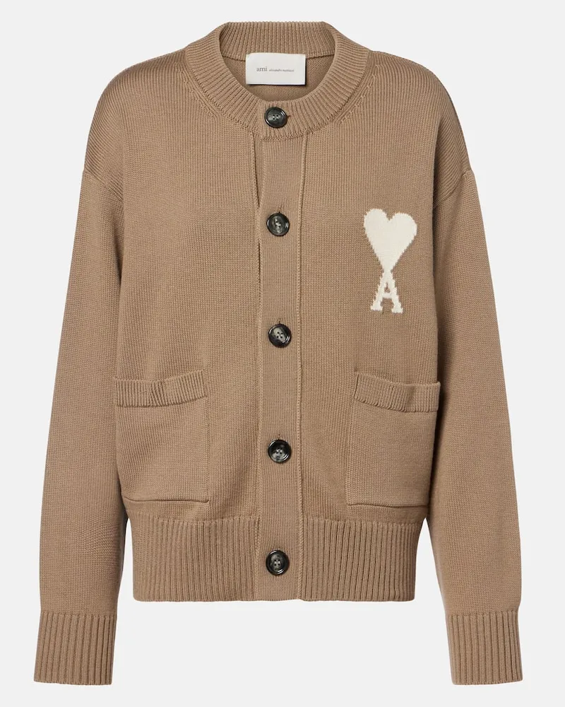 AMI Paris Cardigan Ami de Cœur aus Wolle und Baumwolle Beige