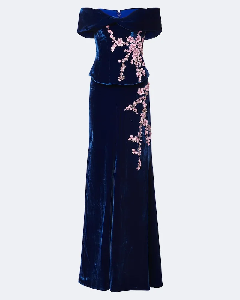 COSTARELLOS Verzierte Robe Rielle aus Samt Blau
