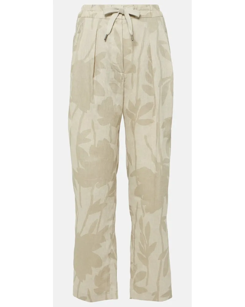 Brunello Cucinelli Bedruckte Hose aus Leinen Beige