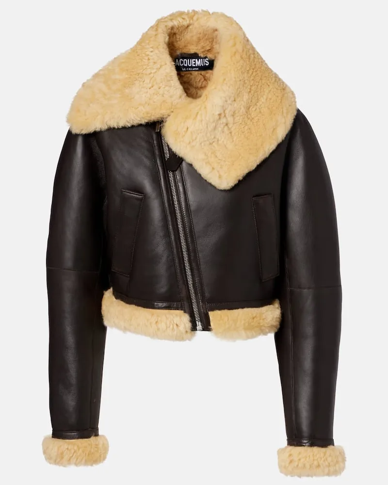 Jacquemus Cropped-Lederjacke Aviatore mit Shearling Braun