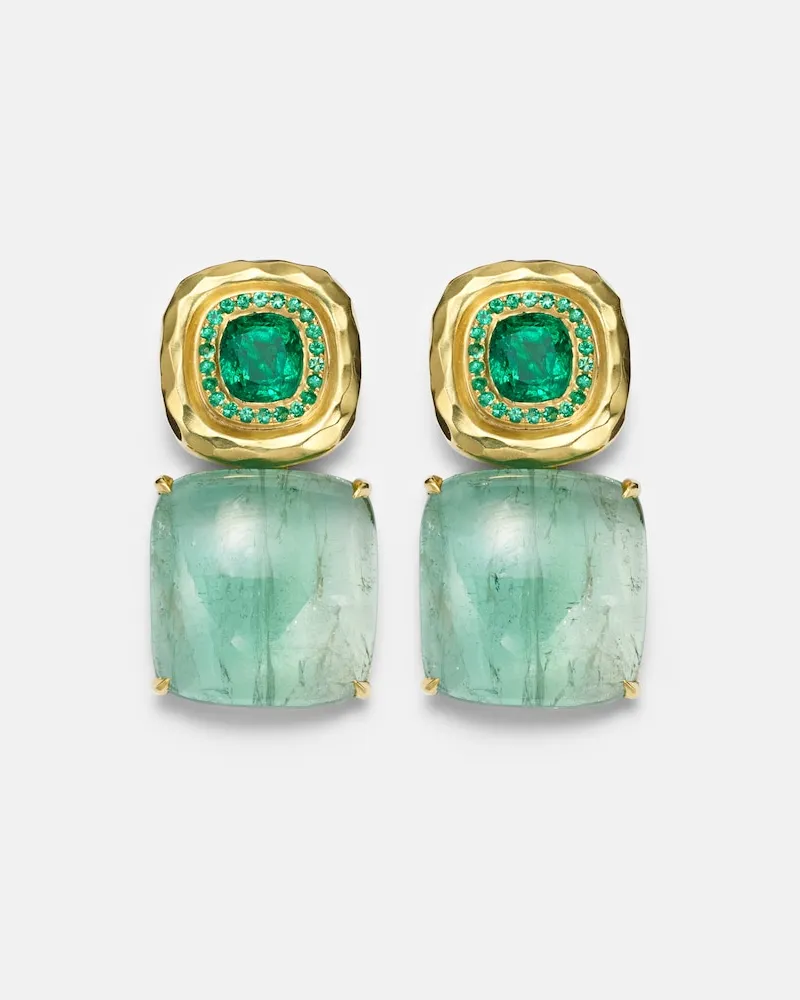 Octavia Elizabeth Ohrringe Double Orbit aus 18kt Gelbgold mit Smaragden und Turmalin Gold